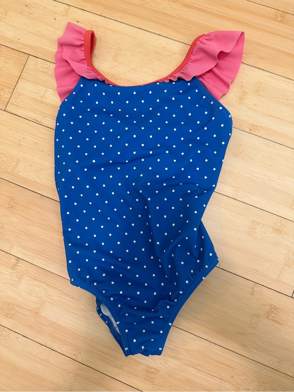 Girls' Blue Polka Dot One-Piece Swimsuit with Pink Ruffle Straps size 5-6